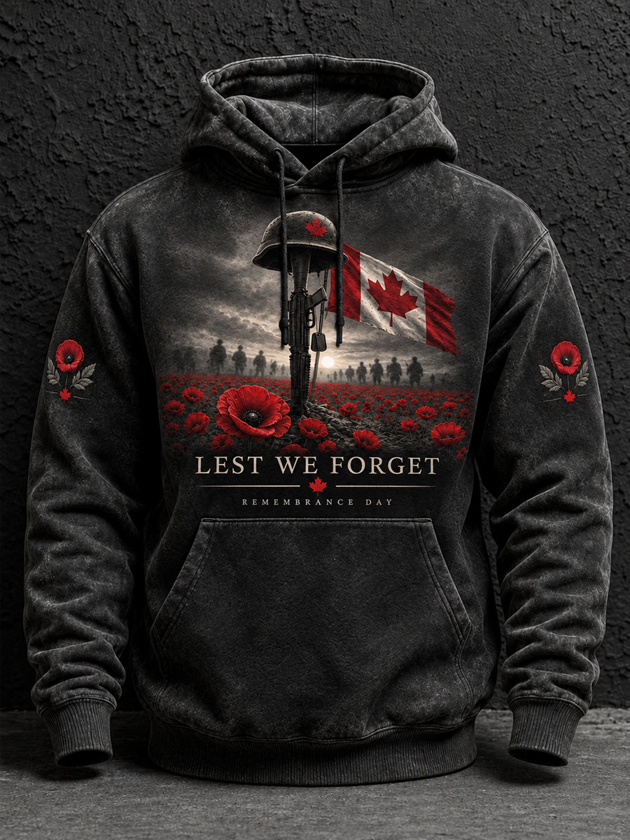 Men's Lest We Forget Canada Remembrance Day Print Oversized Drop-Shoulder Hoodie