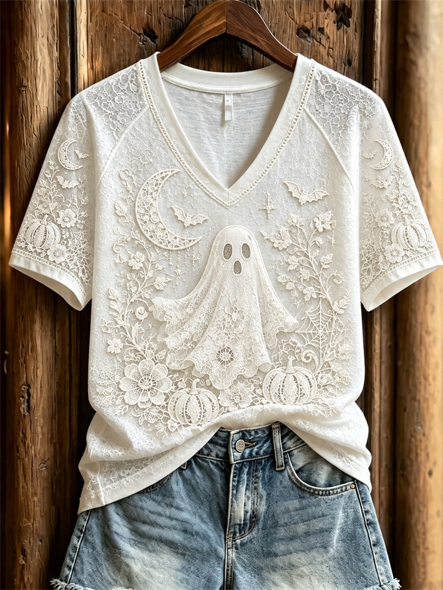 Women's Classy Halloween Ghost Floral Art Print short-sleeved T-shirt