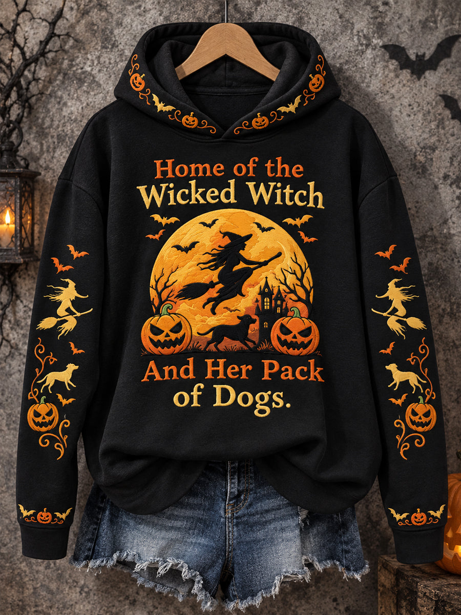 Women's Funny Halloween Home Of The Wicked Witch And Her Pack Of Dogs Print Casual Hoodie