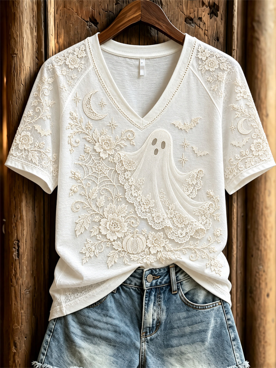 Women's Classy Halloween Ghost Floral Art Print short-sleeved T-shirt