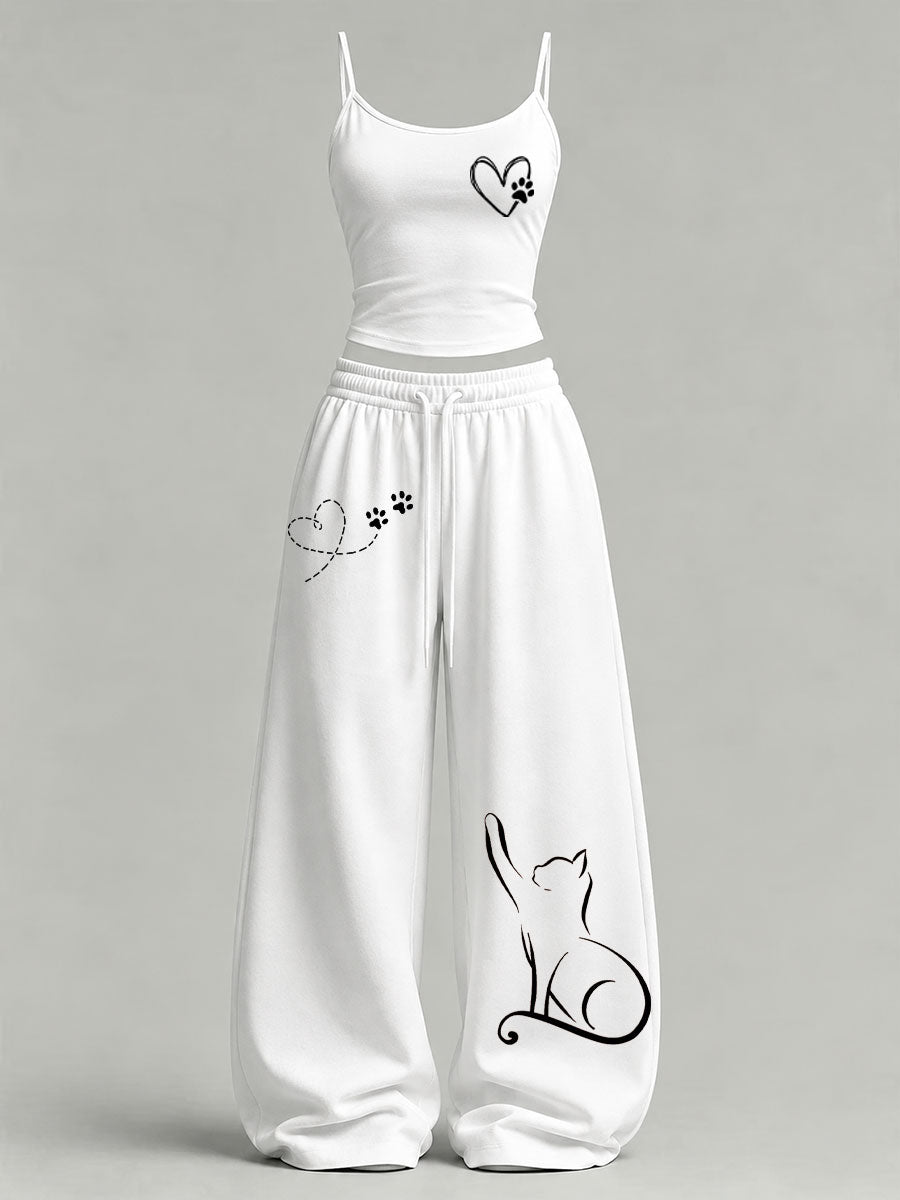 Women's Cute Cat Print Casual Set