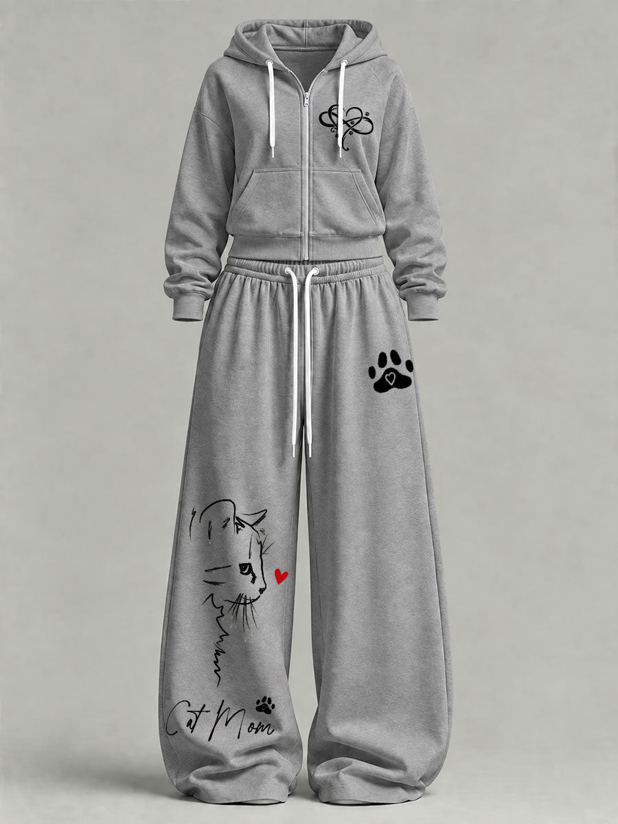 Women's Cute Cat Print Casual Set