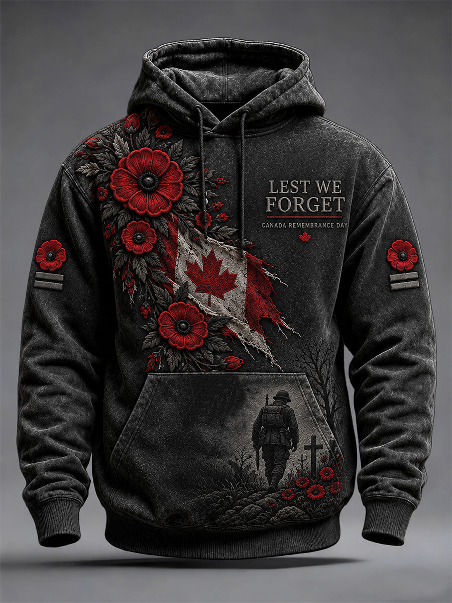 Men's Lest We Forget Canada Remembrance Day Poppy Print Oversized Drop-Shoulder Hoodie With Pockets