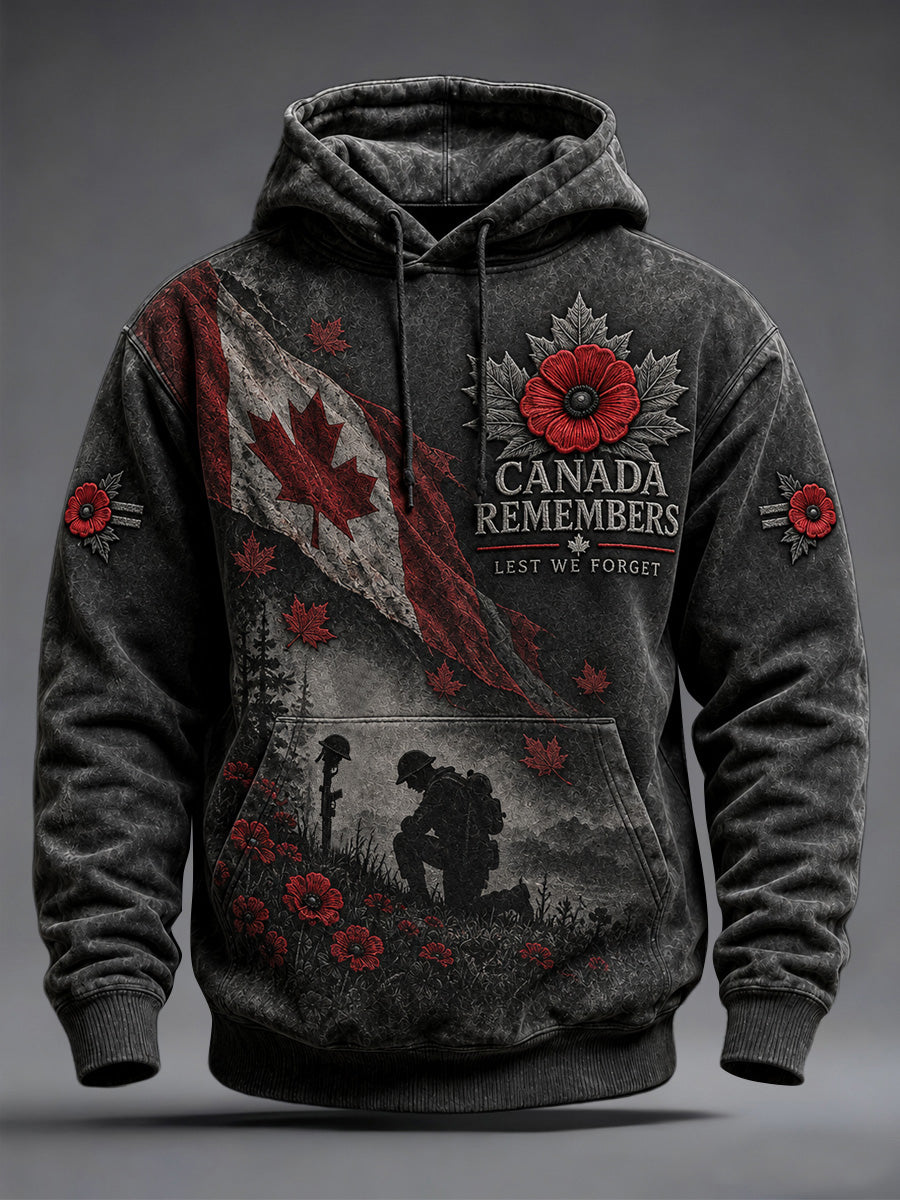 Men's Lest We Forget Canada Remembrance Day Poppy Print Oversized Drop-Shoulder Hoodie With Pockets