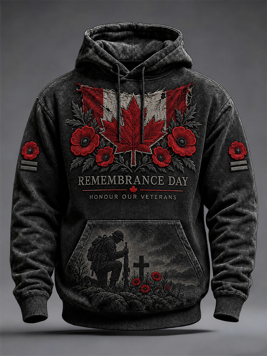 Men's Lest We Forget Canada Remembrance Day Poppy Print Oversized Drop-Shoulder Hoodie With Pockets