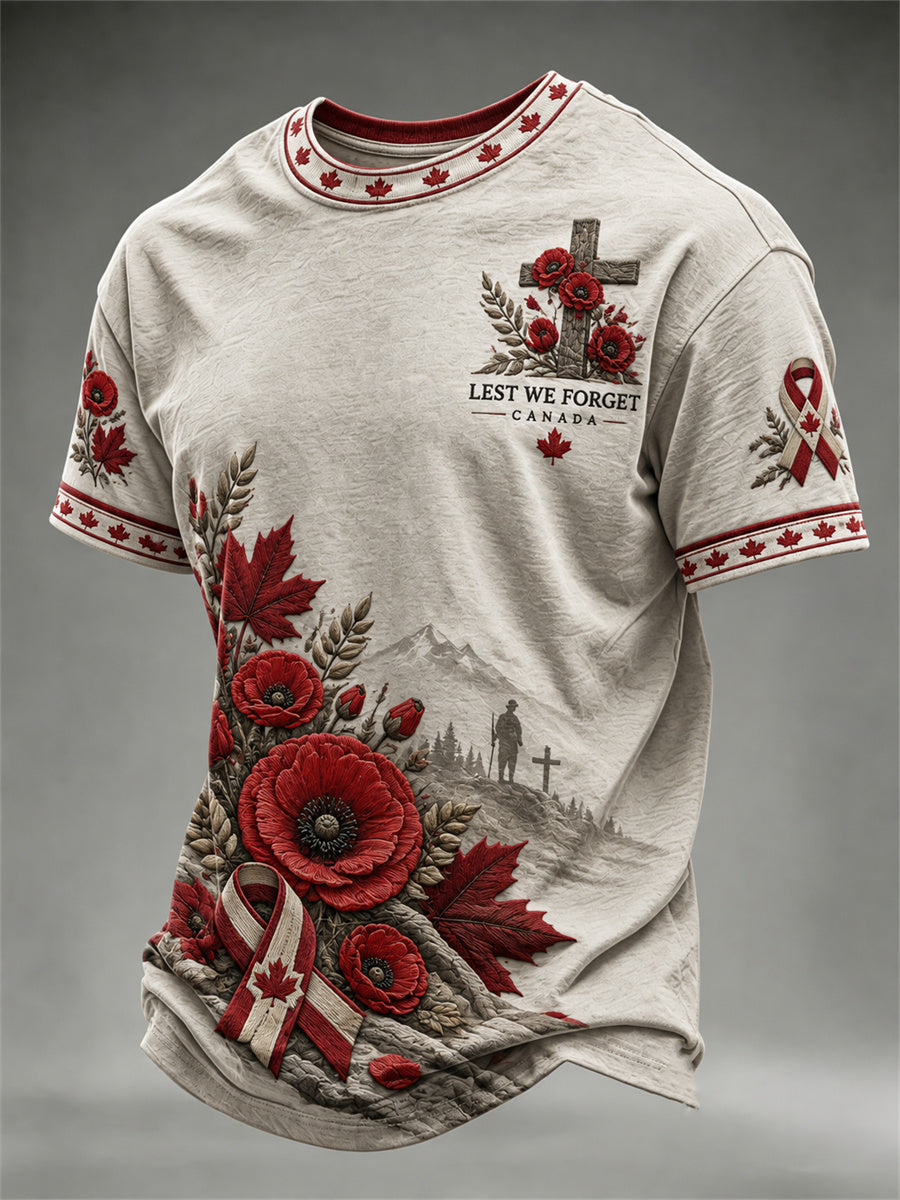 Men's Canada We Will Remember Floral Cross Print Memorial short sleeves t-shirt
