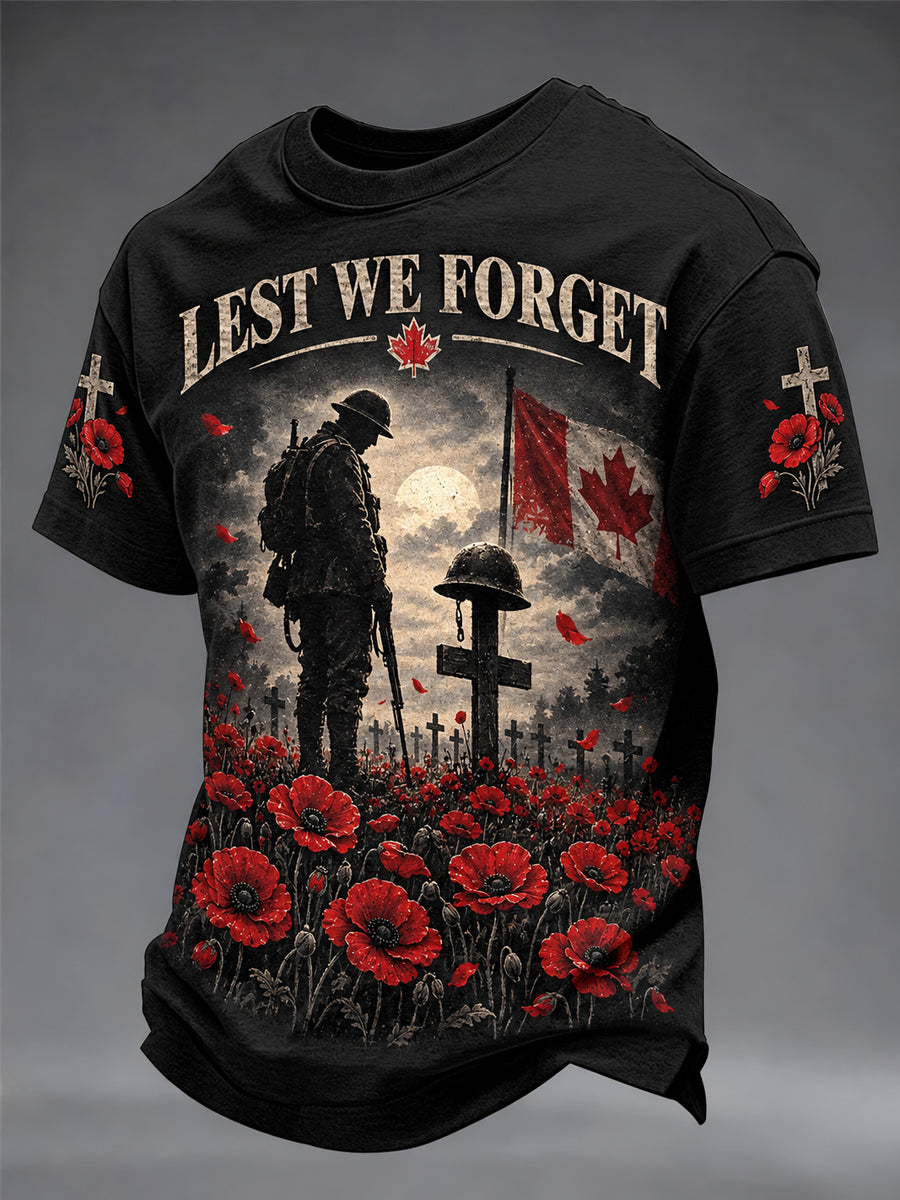 Men's Lest We Forget Canada Remembrance Day Print V-neck Short Sleeve T-shirt