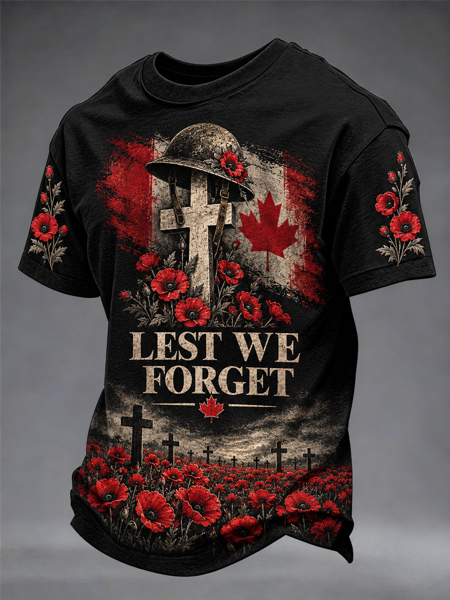Men's Lest We Forget Canada Remembrance Day Print V-neck Short Sleeve T-shirt