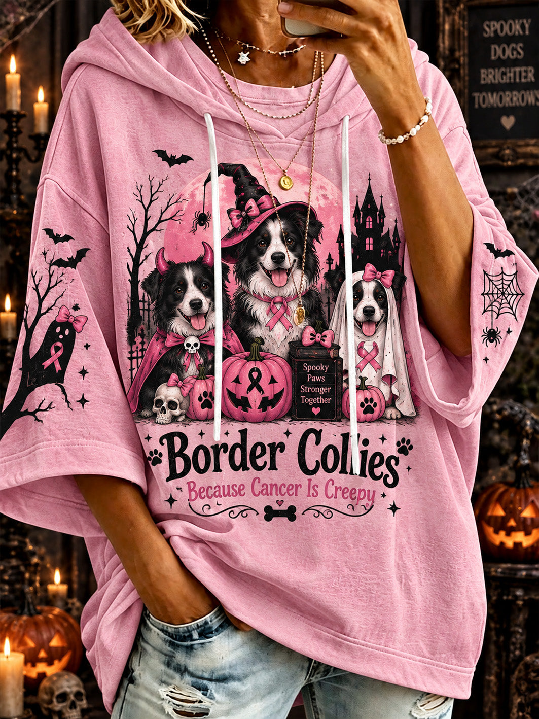 Women’s Halloween Costume Dog And Pink Public Welfare Ribbon Pattern Design Casual Hoodie