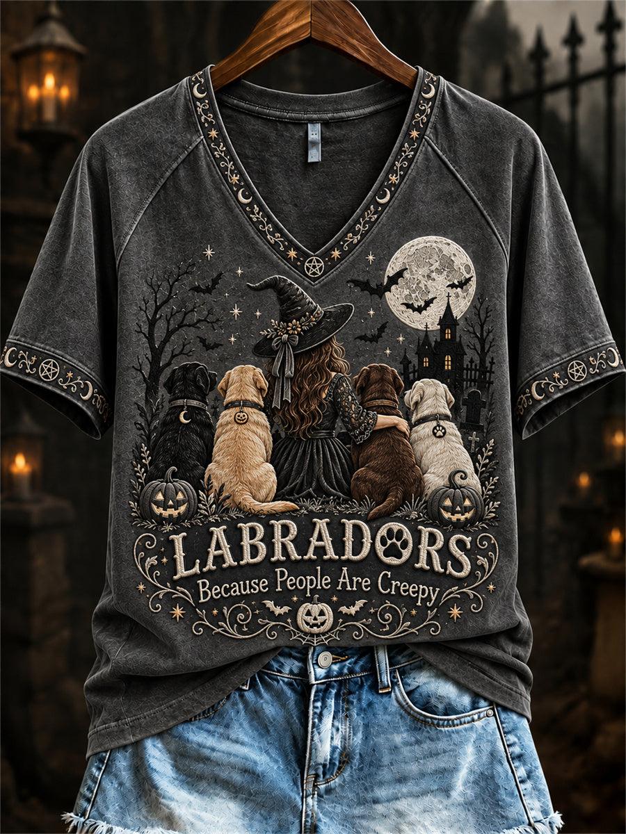 Women's Labradors Because People Are Creepy Halloween Witch & Dogs Print short-sleeved T-shirt