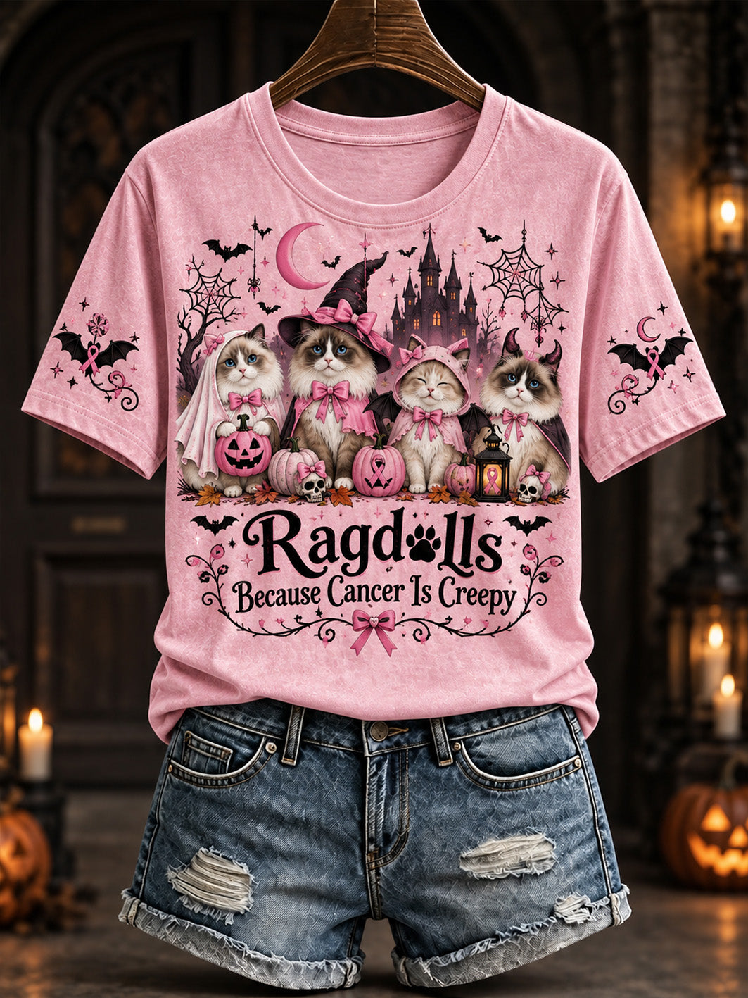 Women's Halloween Costume Cat Pattern and Pink Charity Ribbon Design Casual Short-Sleeve T-Shirt