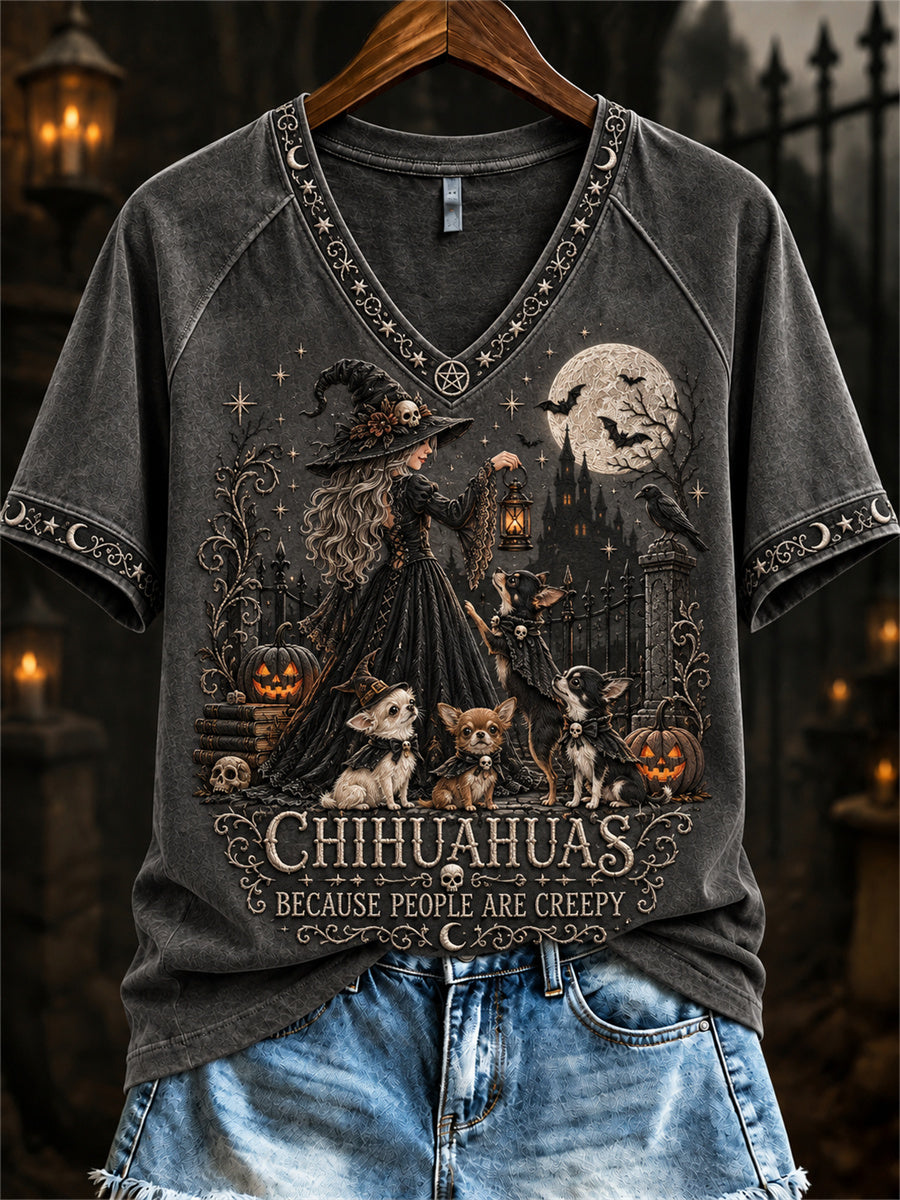 Women's Chihuahuas Because People Are Creepy Halloween Witch & Dogs Print short-sleeved T-shirt