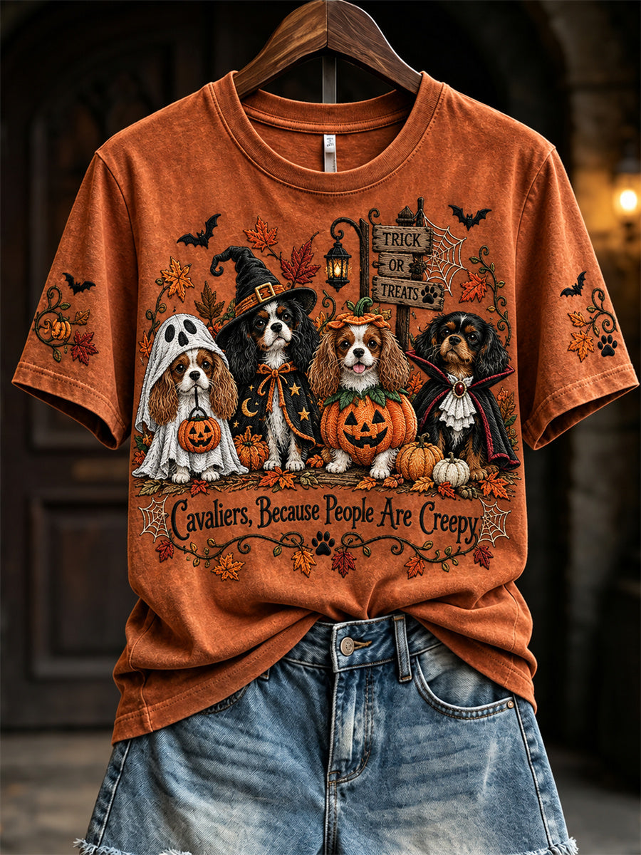 Women's Cavaliers Because People Are Creepy Fall Halloween Dogs Print short-sleeved T-shirt