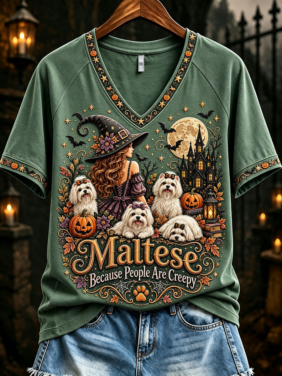 Women's Malteses Because People Are Creepy Halloween Dogs Print short-sleeved T-shirt