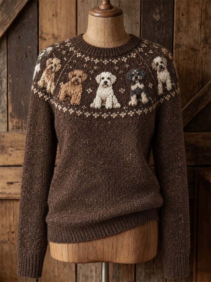 Women's Teddy Poodle Dogs Yoke Isle Print crew neck sweater