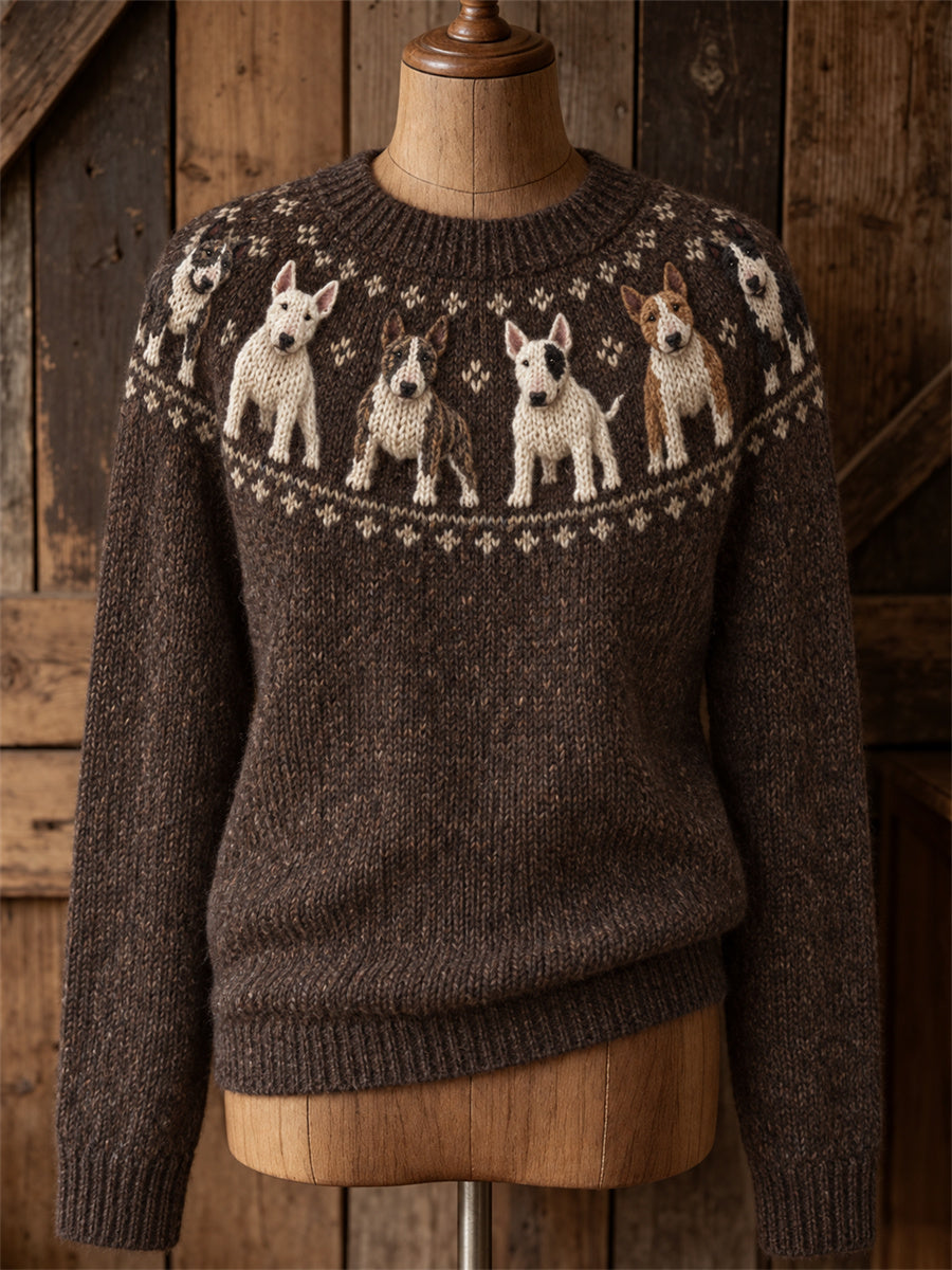 Women's Bull Terrier Dogs Yoke Isle Print crew neck sweater