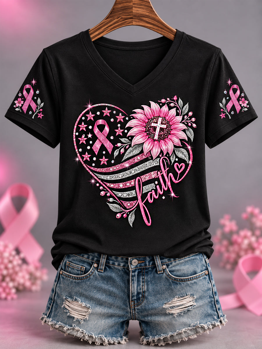 Women's Pink Ribbon Sunflower Faith Print Breast Cancer Awareness Support V-Neck Tee