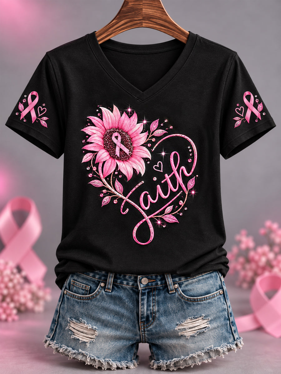 Women's Pink Ribbon Sunflower Faith Print Breast Cancer Awareness Support V-Neck Tee