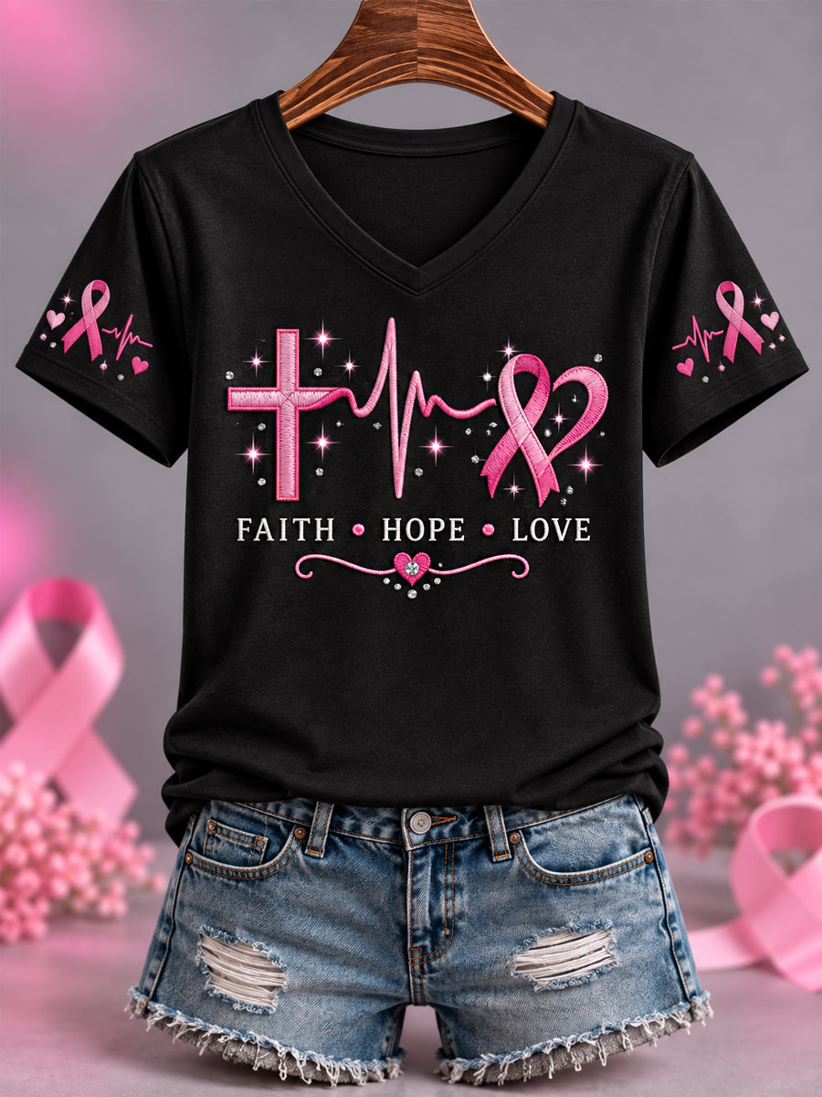 Women's Pink Ribbon Faith Hope Love Print Breast Cancer Awareness Support V-Neck Tee