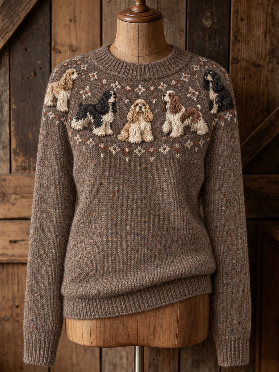 Women's Vintage American Cocker Spaniel Dogs Yoke Isle Print crew neck sweater