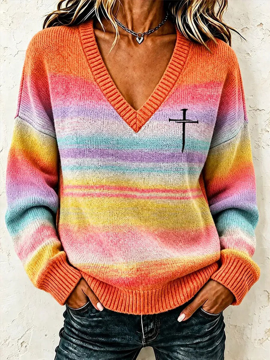 Women's Christian Art Striped Cross Sweater