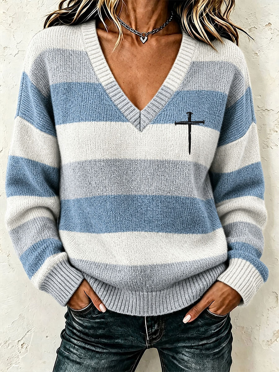 Women's Christian Art Striped Cross Sweater