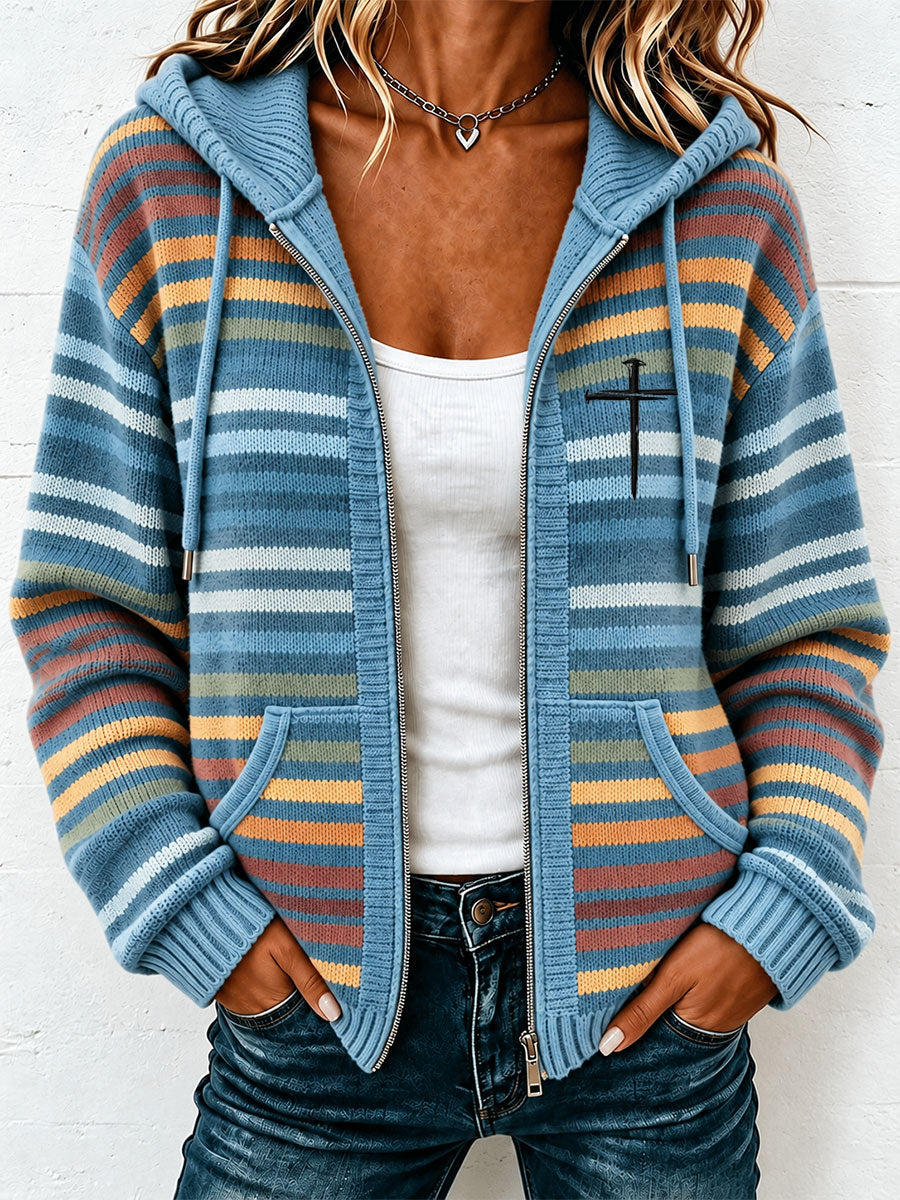 Women's Christian Art Cross-Print Striped Knit Cardigan