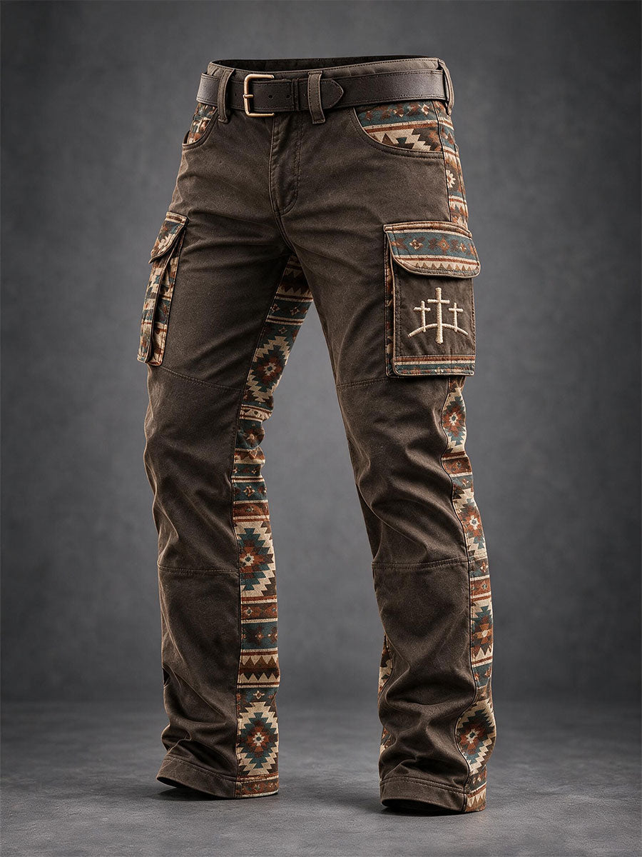 Men's Christian Art Cross Print Patchwork Pants
