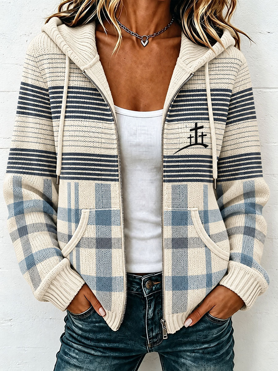 Women's Christian Art Cross-Print Striped Knit Cardigan