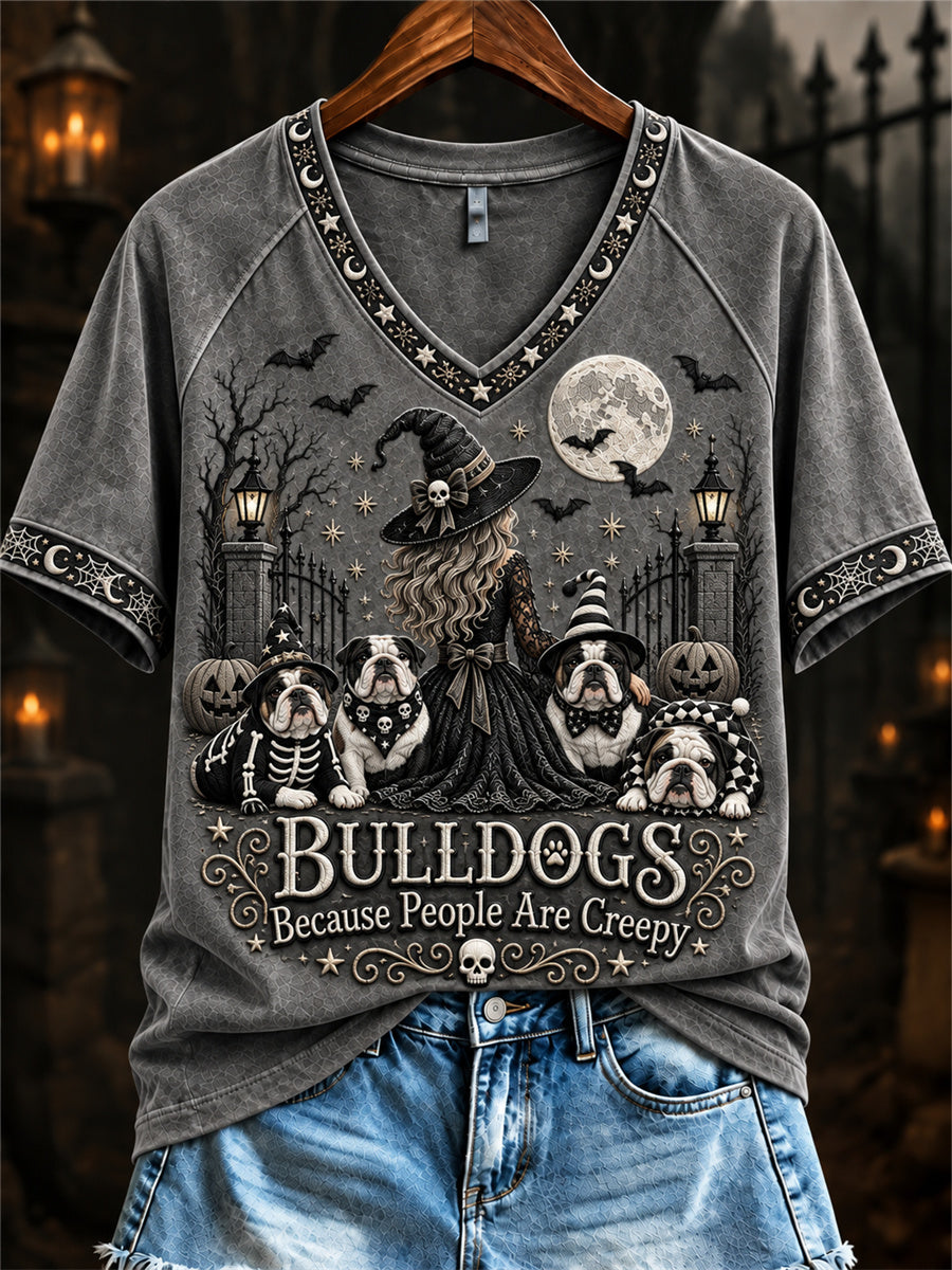 Women's Bulldogs Because People Are Creepy Halloween Witch & Dogs Print short-sleeved T-shirt