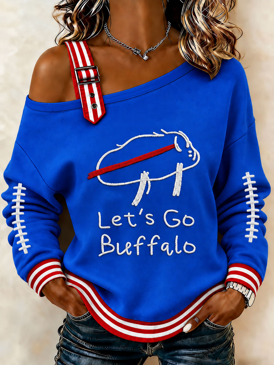 Women's Let's Go Buffalo Football Fans Lovers Gameday Casual Off-Shoulder Sweatshirt