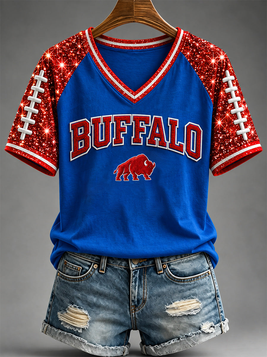 Women's Football Lover Buffalo Print Casual V-Neck Tee