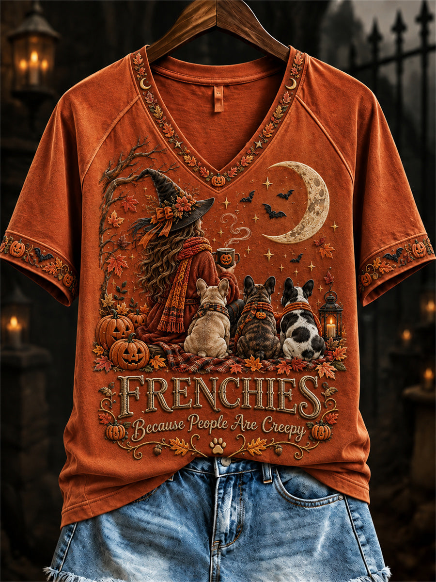 Women's Frenchies Because People Are Creepy Fall Halloween Witch & Dogs Print short-sleeved T-shirt