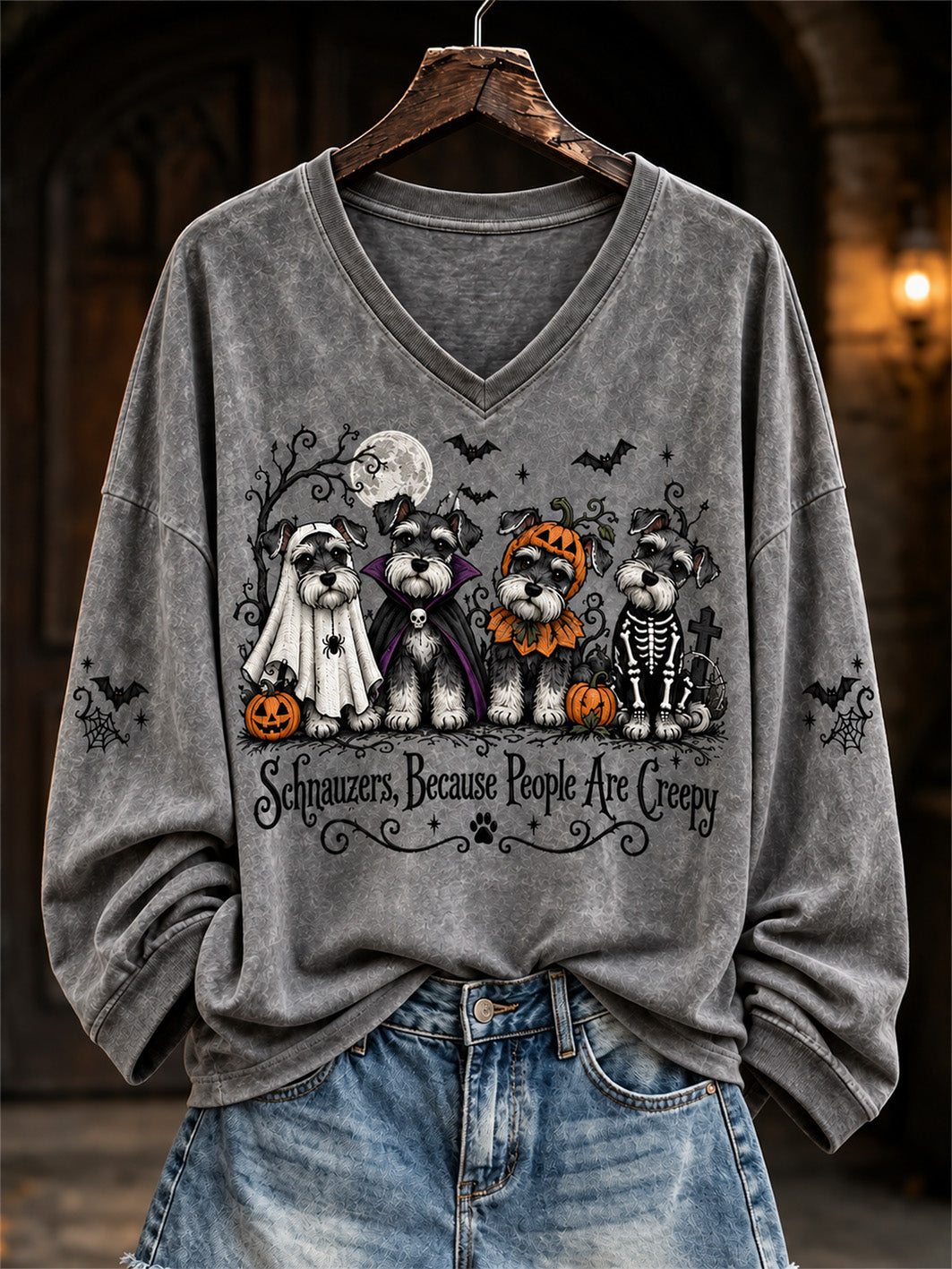 Women's Halloween-Themed Dog Pattern Casual V-Neck T-Shirt