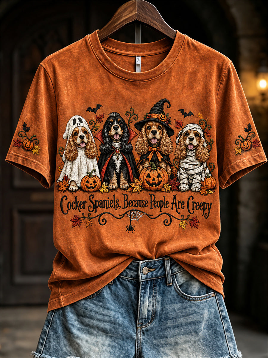 Women's Cocker Spaniels Because People Are Creepy Fall Halloween Dogs Print short-sleeved T-shirt