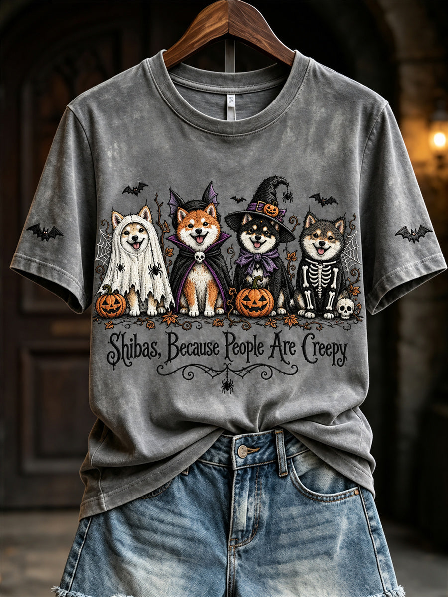 Women's Shibas Because People Are Creepy Halloween Dogs Print short-sleeved T-shirt