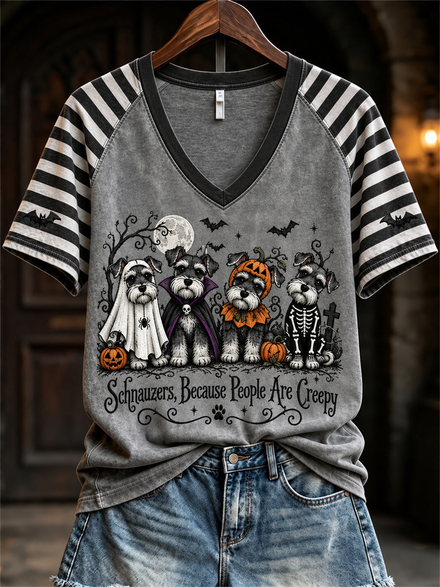 Women's Schnauzers Because People Are Creepy Halloween Dogs Print short-sleeved T-shirt