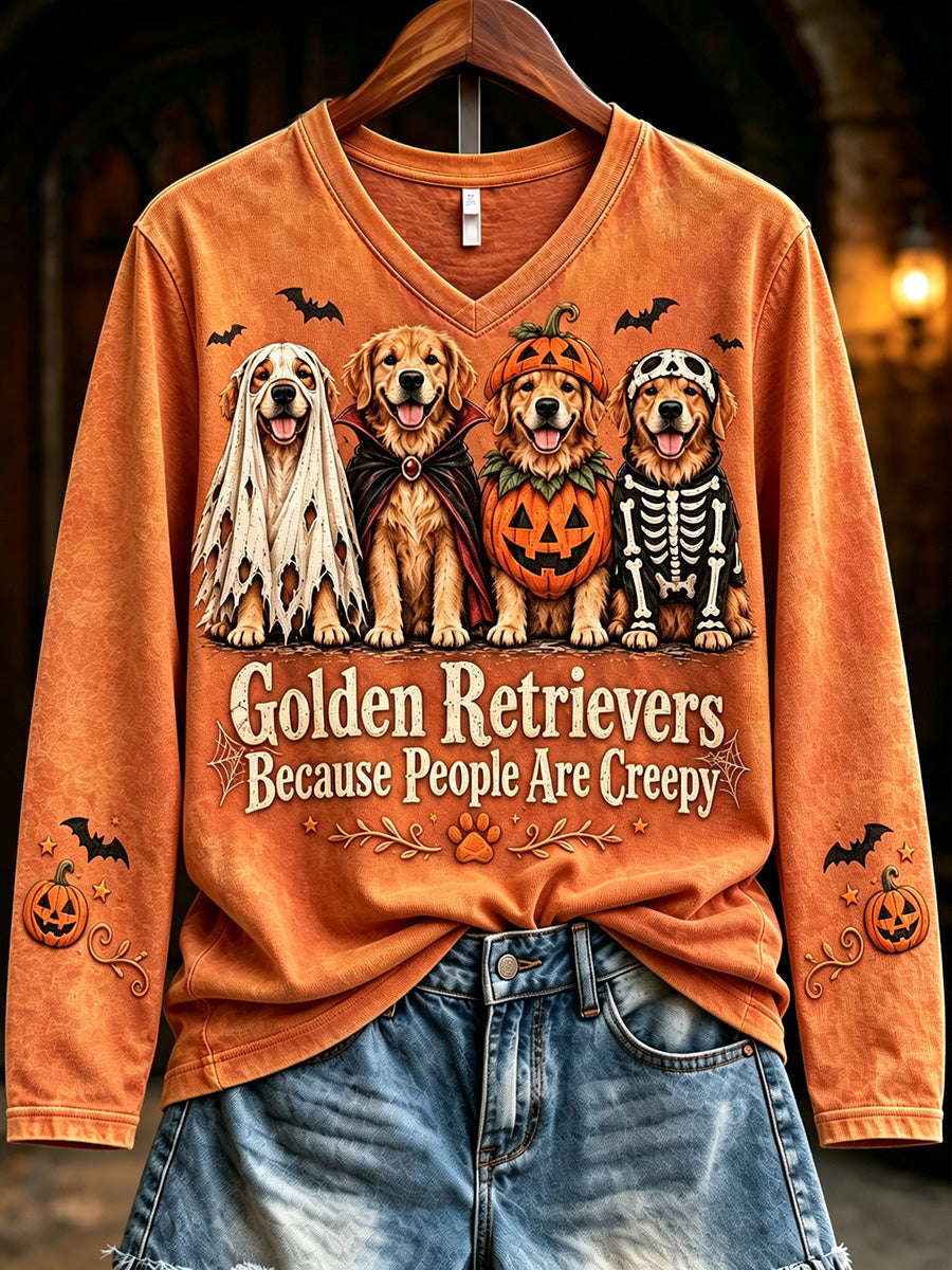 Women's Golden Retrievers Because People Are Creepy Halloween Print V-Neck T-Shirt