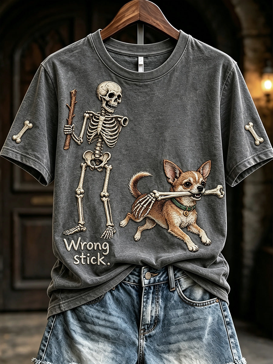 Women's Funny Skeleton Chihuahua Dog Wrong Stick Halloween Print Short-sleeved T-shirt