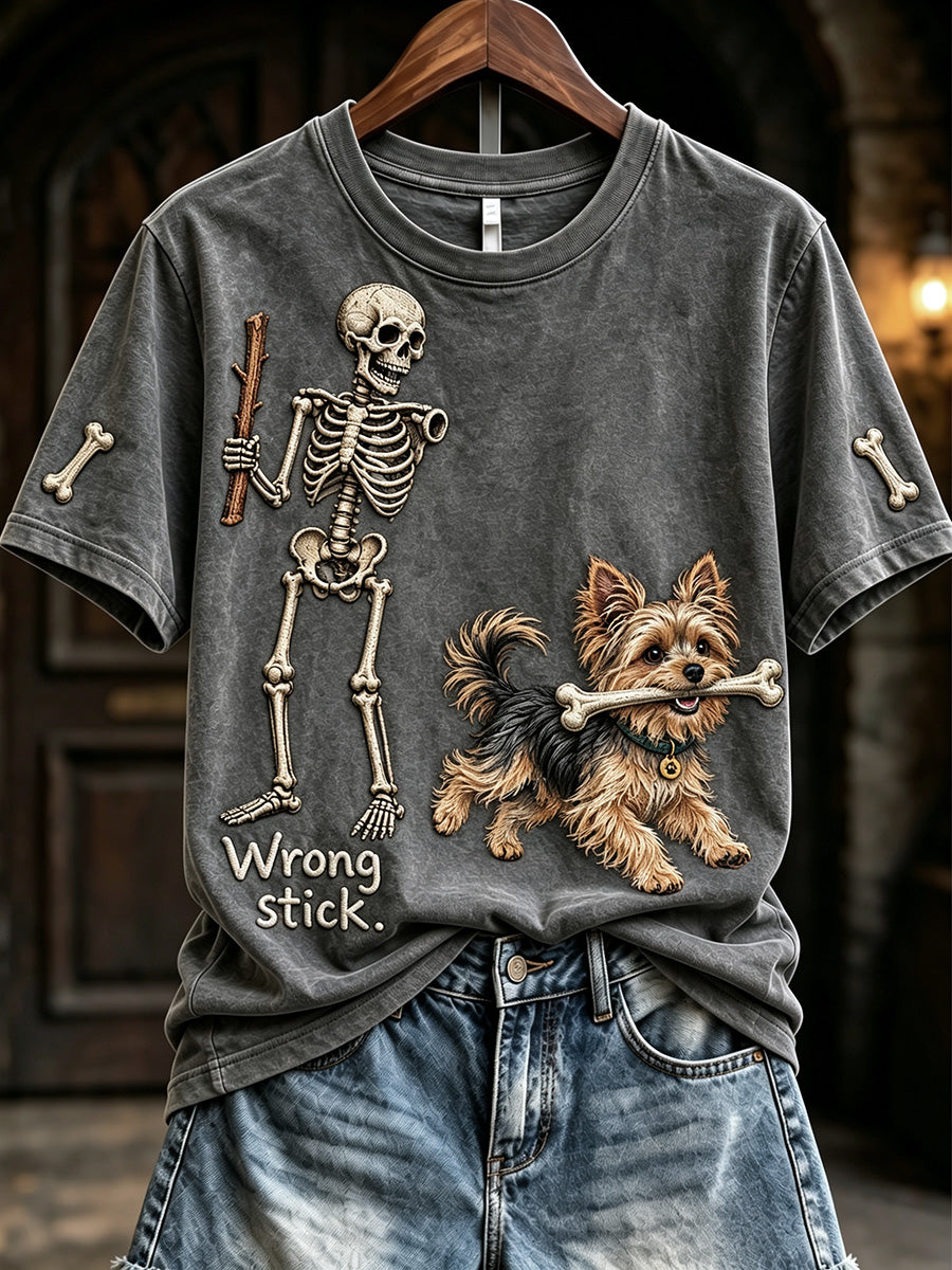 Women's Funny Skeleton Yorkshire Terrier Wrong Stick Halloween Print Short-sleeved T-shirt