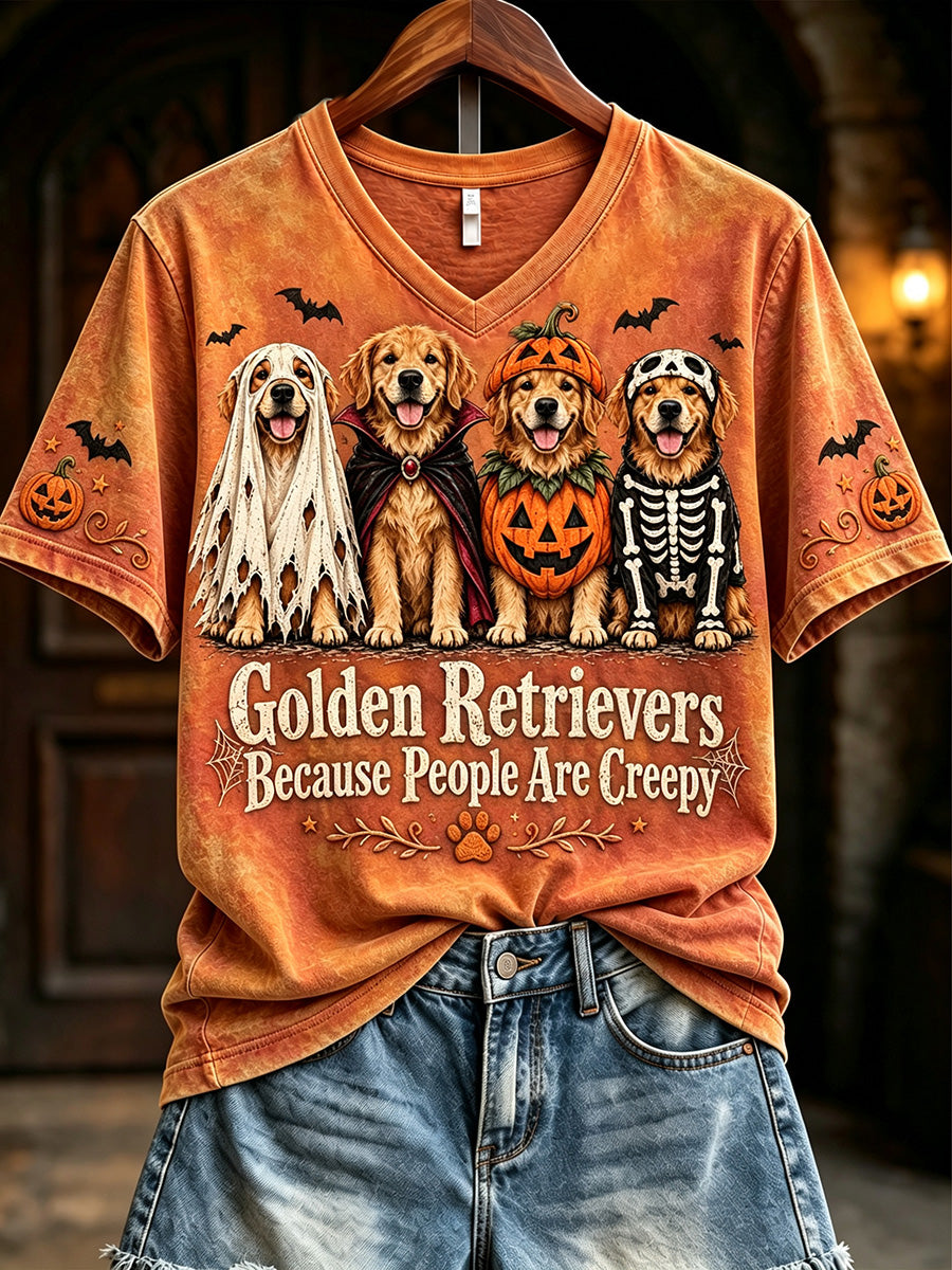 Women's Golden Retrievers Because People Are Creepy Halloween Print Short-sleeved T-shirt
