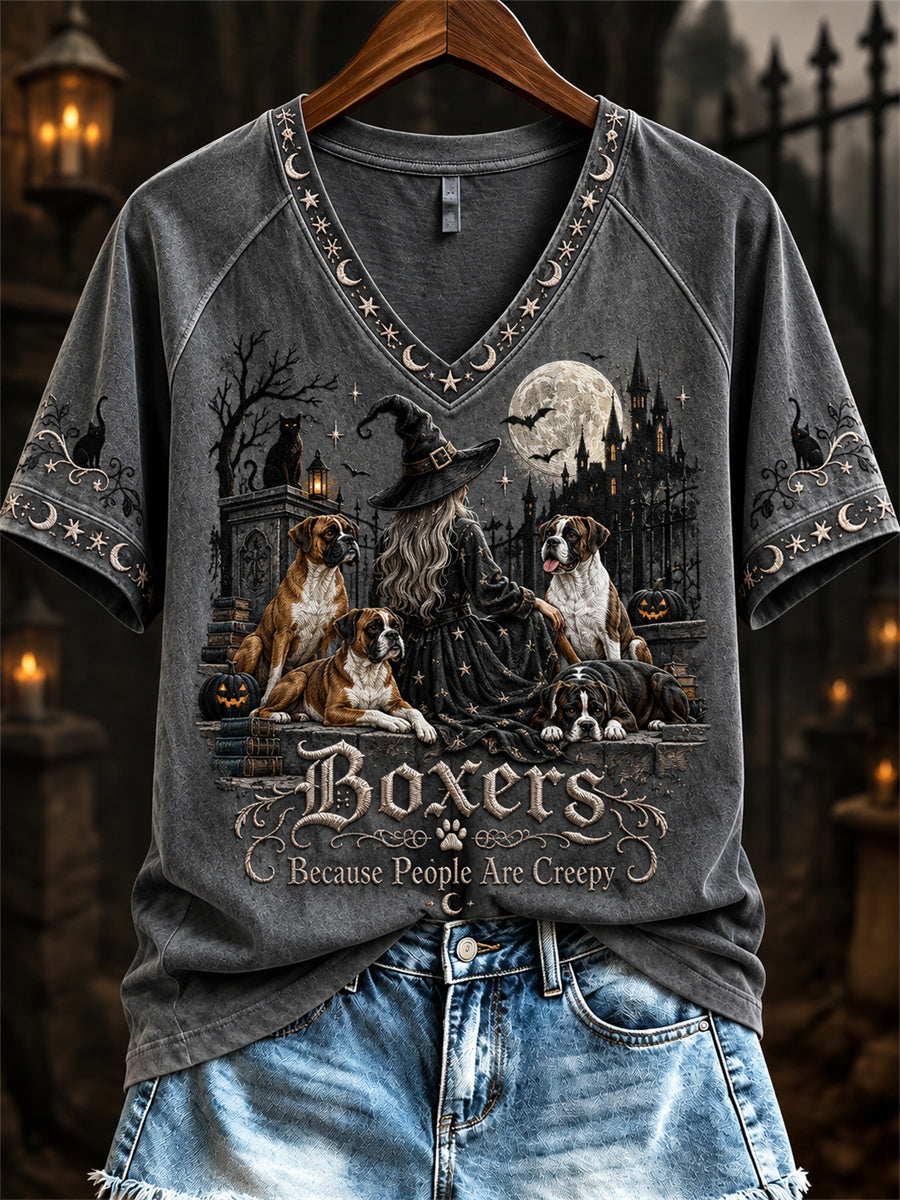 Women's Boxers Because People Are Creepy Halloween Witch & Dogs Print short-sleeved T-shirt