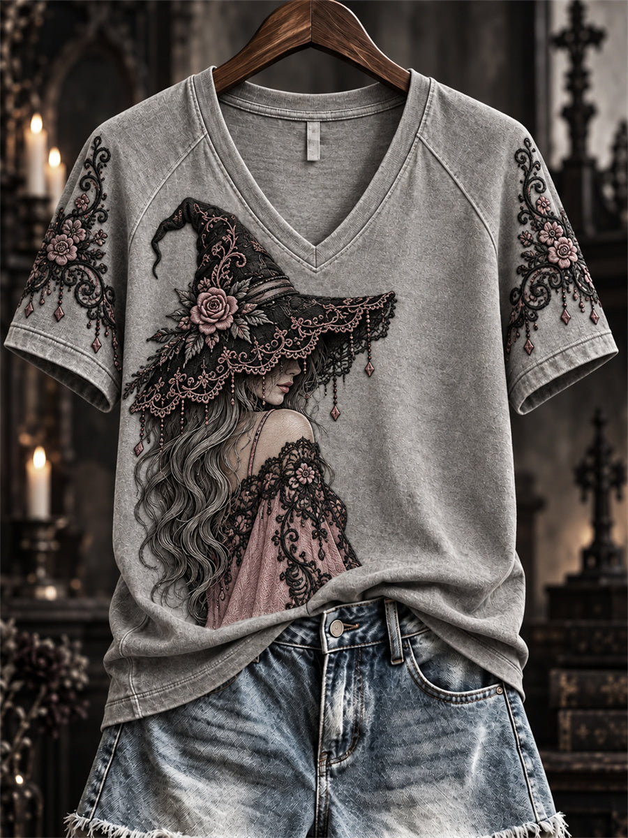 Women's Halloween Gothic Pink Witch Lace Art Print short-sleeved T-shirt