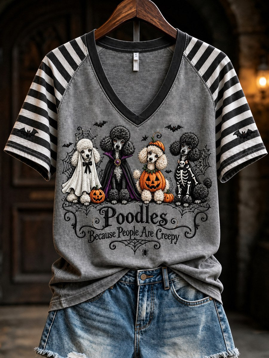 Women's Poodles Because People Are Creepy Halloween Dogs Striped Print short-sleeved T-shirt