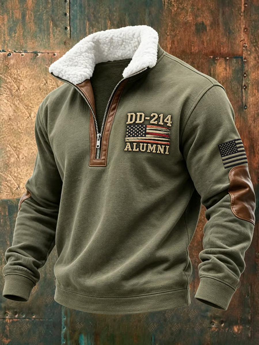 Men's Veterans Day DD-214 Alumni US Flag Print Casual Plush Zipper Pullover