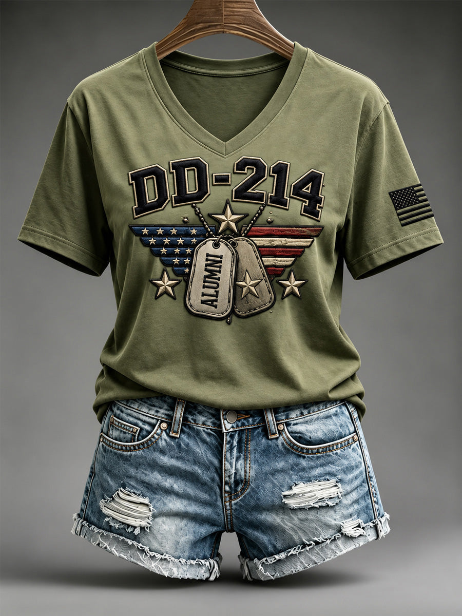 Women's Veterans Day DD-214 Alumni US Flag Print Casual V-Neck Tee