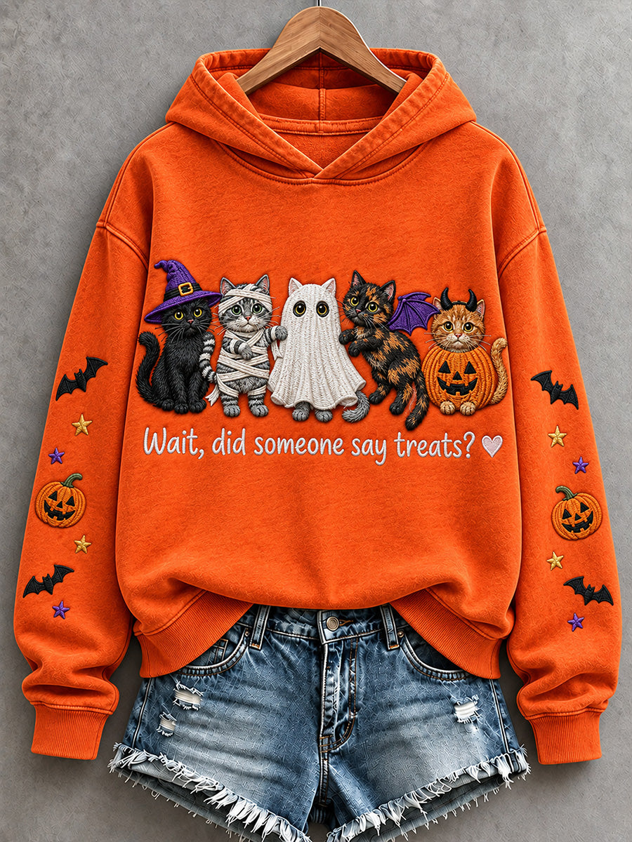Women's Wait Did Someone Say Treats Halloween Cats Print Hoodie