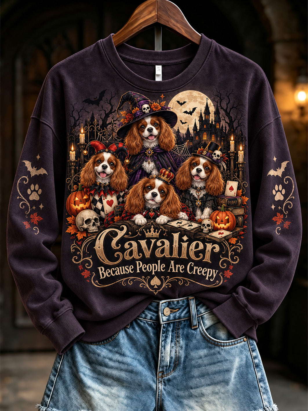 Women's Cavaliers Because People Are Creepy Halloween Dogs Print Regular Sweatshirt