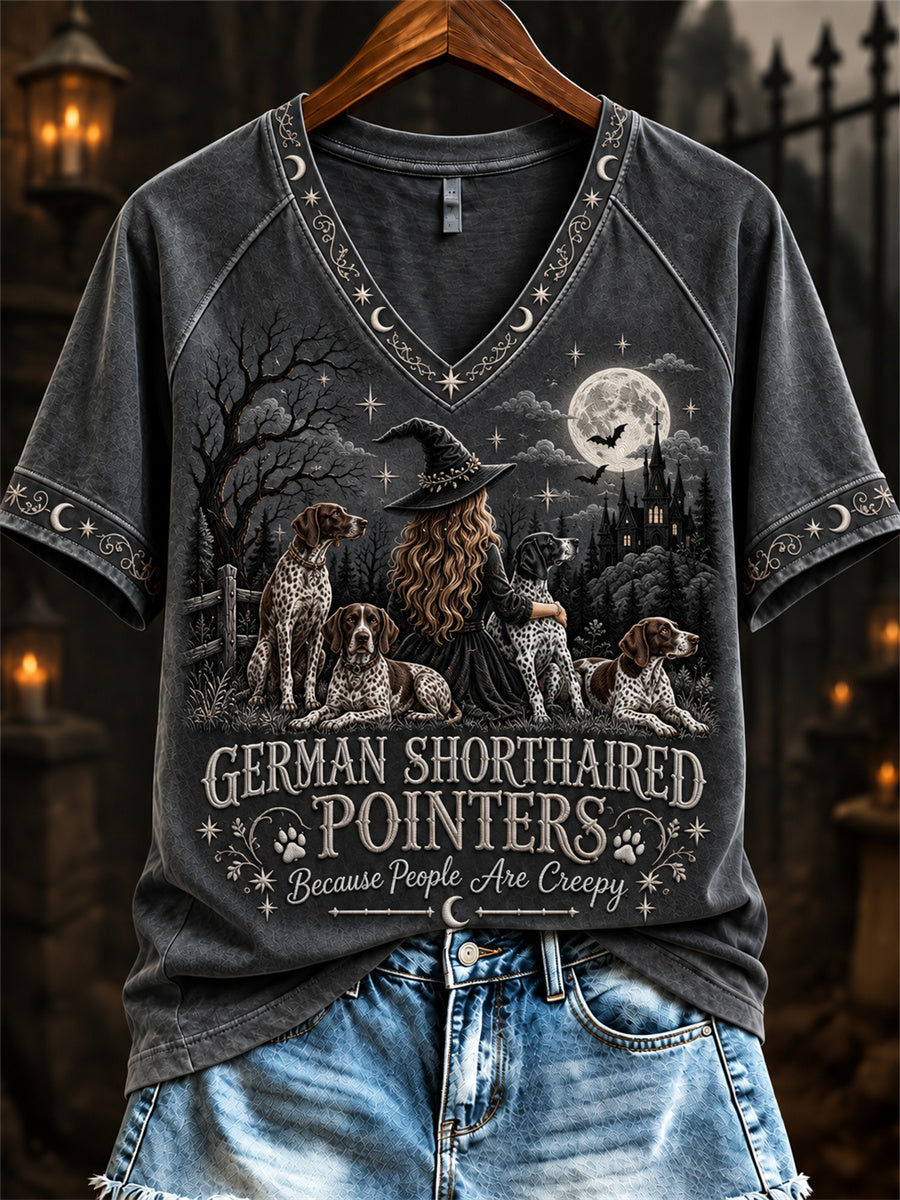 Women's German Shorthaired Pointers Because People Are Creepy Halloween Witch & Dogs Print short-sleeved T-shirt