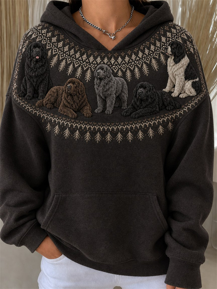 Women's Vintage Newfoundland Dogs Yoke Isle Print Cozy Hoodie